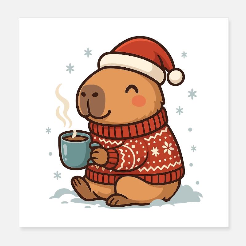 ✨ Cozy Capybara with Cocoa & Santa Hat Poster 8" x 8" (20x20 cm)