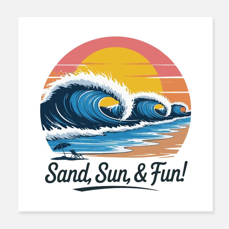 Retro Beach Wave Sunset Poster 8" x 8" (20x20 cm)