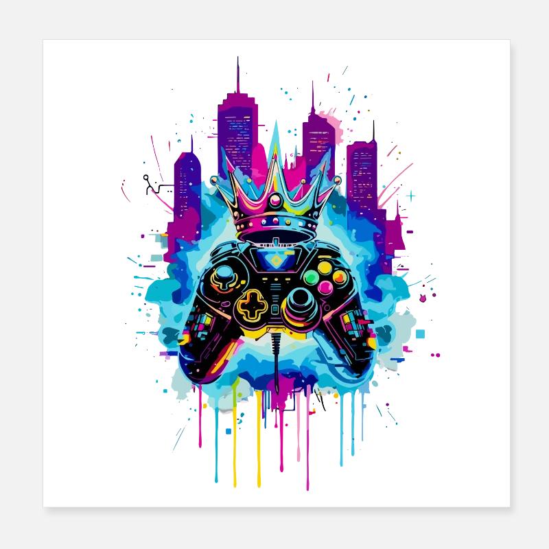 Gaming King Neon Cyberpunk Controller with Crown Poster 8" x 8" (20x20 cm)