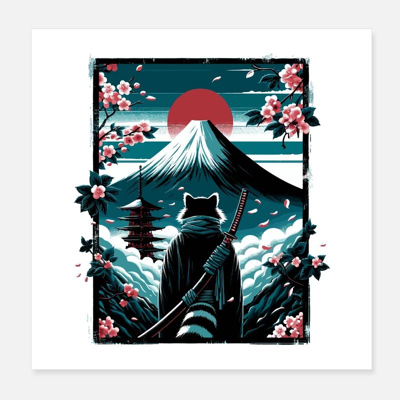 Katze mit Samurai Schwert vor Fuji Poster 20x20 cm