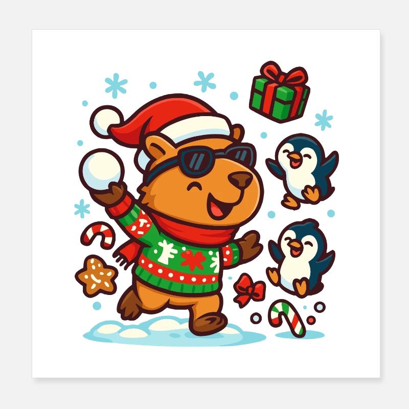 Happy Capybara with Penguins – Funny Poster 8" x 8" (20x20 cm)