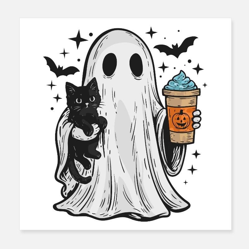 Halloween-Geist mit Katze und Kaffee Poster 20x20 cm