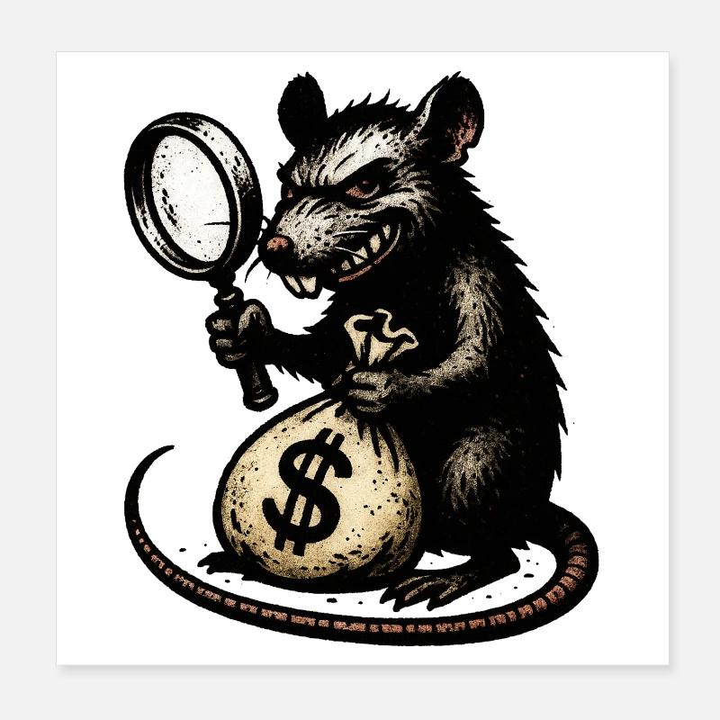 Rat with magnifying glass and money bag Poster 8" x 8" (20x20 cm)