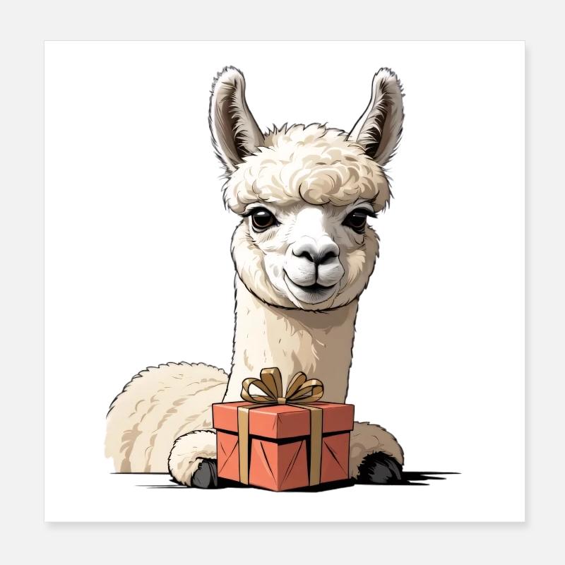 Alpaka mit Geschenkbox Poster 20x20 cm