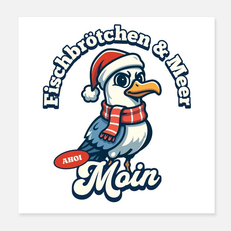 Fish sandwich & sea seagull with Santa hat Poster 8" x 8" (20x20 cm)