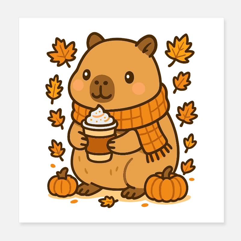 Capybara mit Pumpkin Latte – Cozy Herbstvibes Poster 20x20 cm