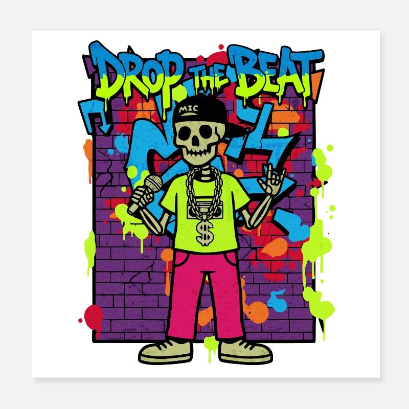 Drop the Beat – Neon Skeleton Rapper Graffiti 90s Poster 8" x 8" (20x20 cm)