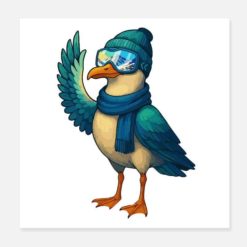 Cool winter seagull with ski goggles & hat Poster 8" x 8" (20x20 cm)