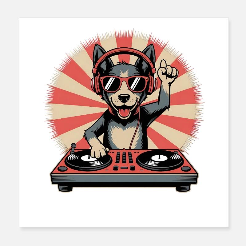 DJ chien avec casque Poster 20 x 20 cm