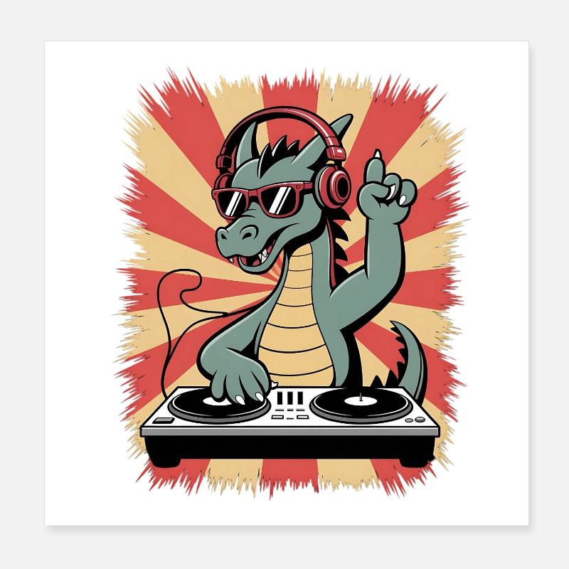 Dragon DJ avec rythme au casque Poster 20 x 20 cm