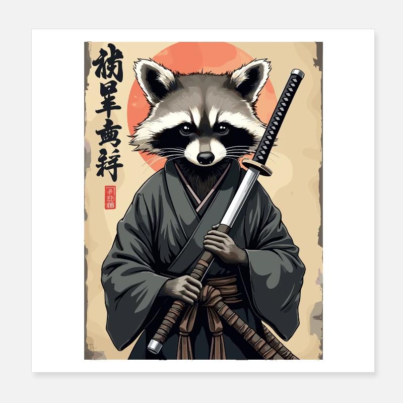 Waschbär Samurai im Kimono Poster 20x20 cm