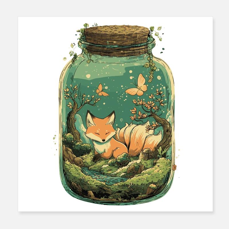Magic Kitsune Fox Kawaii Terrarium Poster 8" x 8" (20x20 cm)