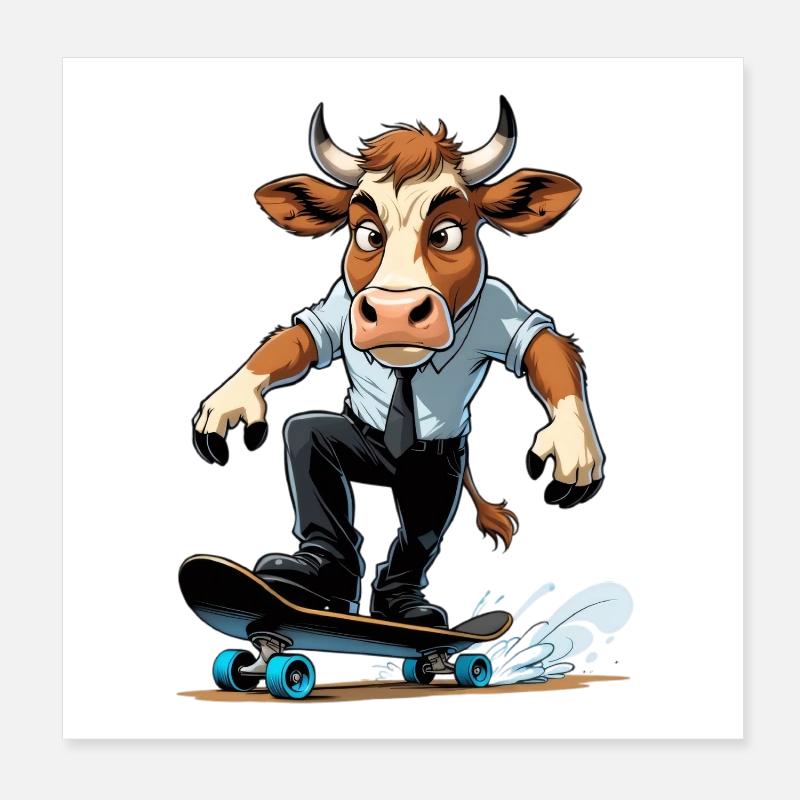 Vache sur skateboard en costume Poster 20 x 20 cm