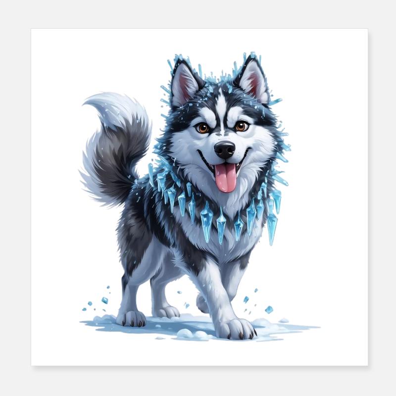 Eis Husky mit Eiskristallkette Poster 20x20 cm
