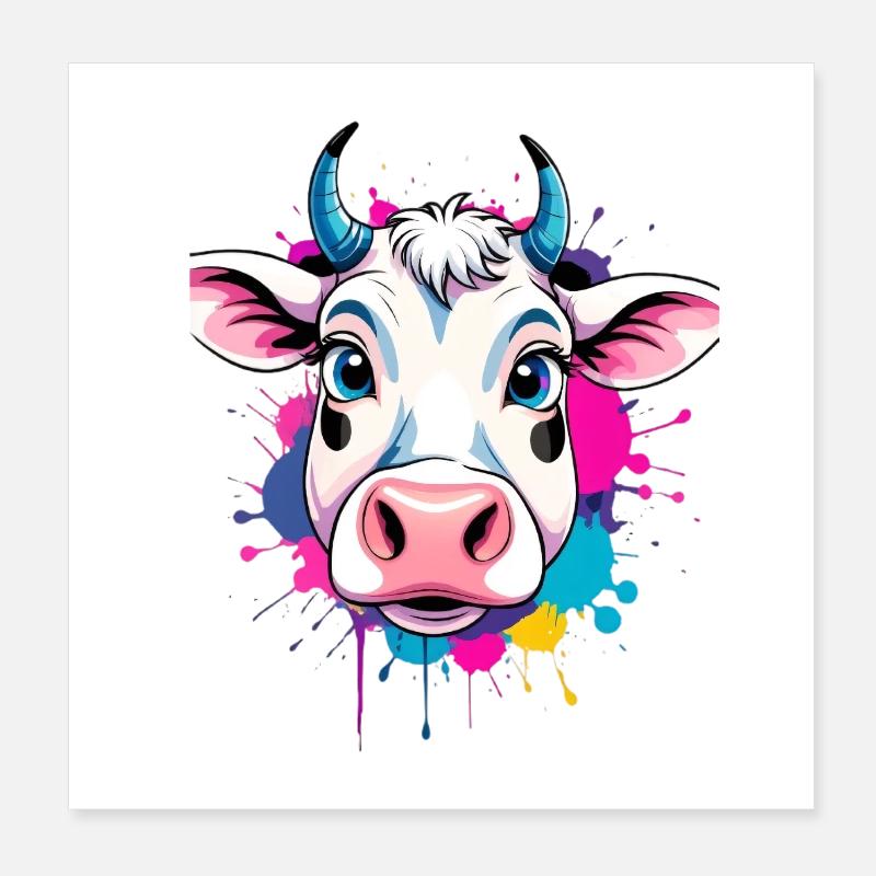 Bunte Kuh Kopf mit Farbspritzern Poster 20x20 cm