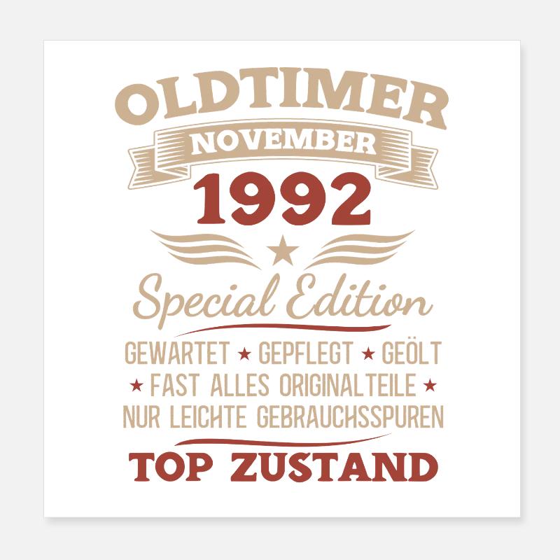 33. Geburtstag Geschenk Oldtimer November 1992 Poster 20x20 cm
