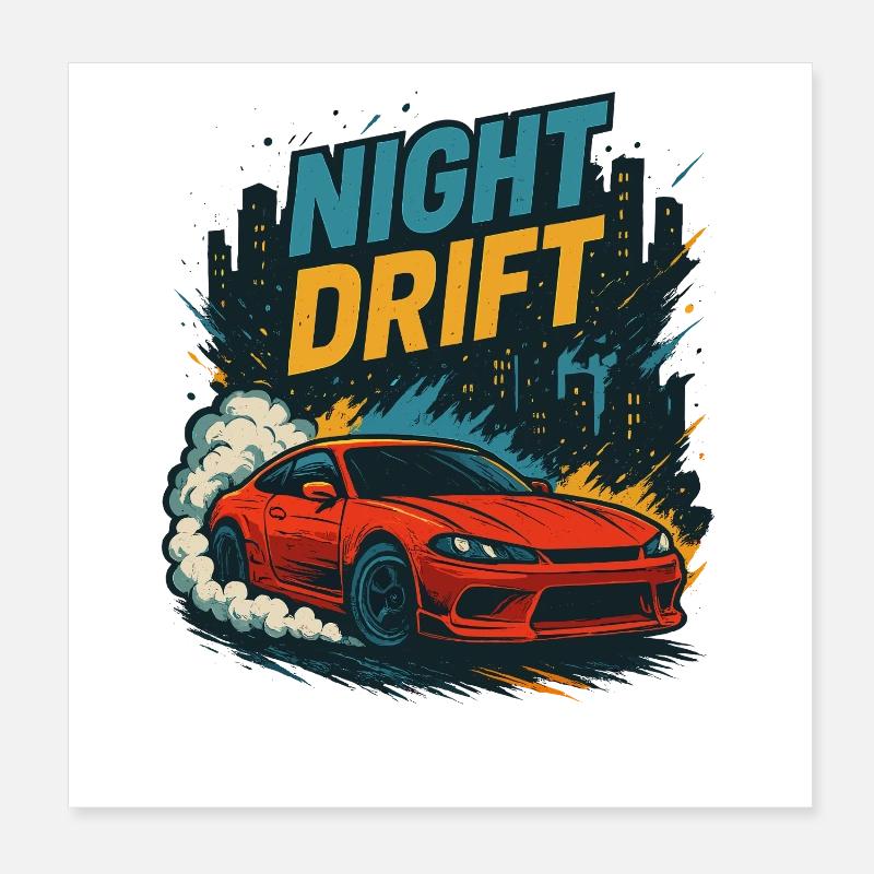 Night Drift Rotes JDM Coupe In Der Stadt Poster 20x20 cm