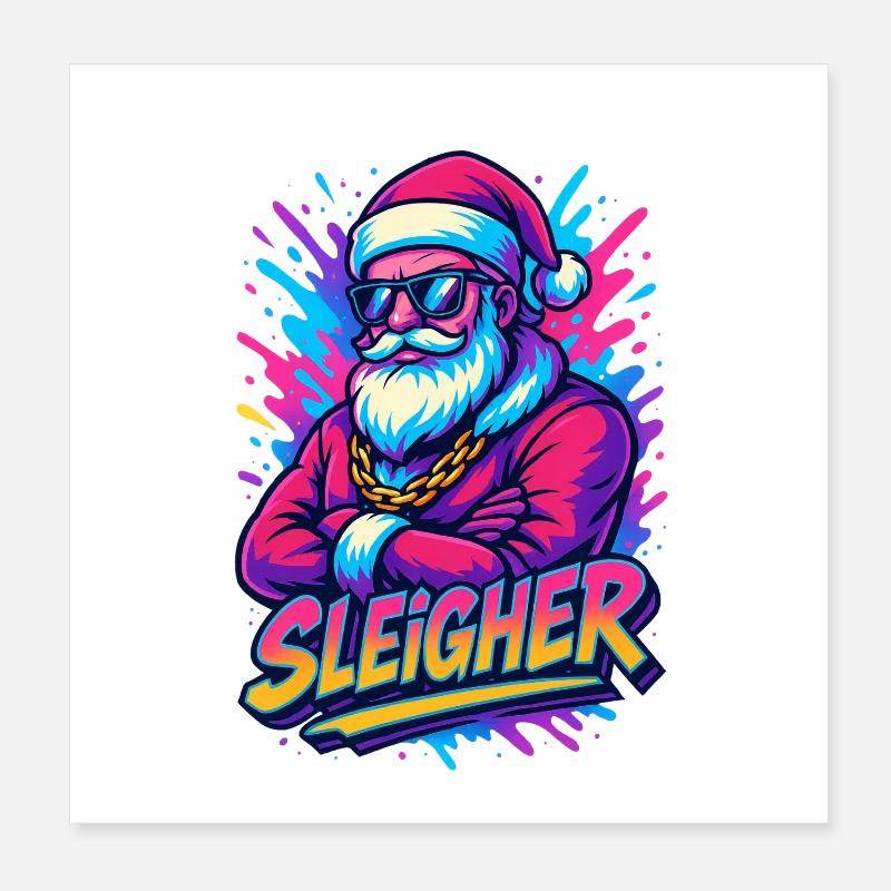 Sleigher – Lustiger Neon-Santa Weihnachtsmann Poster 20x20 cm