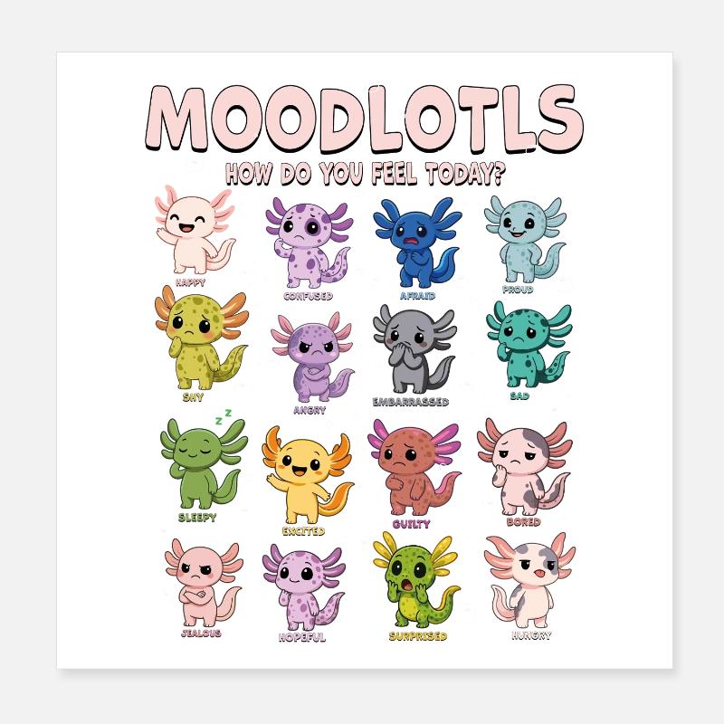 Moodlotls Axolotl Emotions Chart Cute Kawaii Poster 8" x 8" (20x20 cm)
