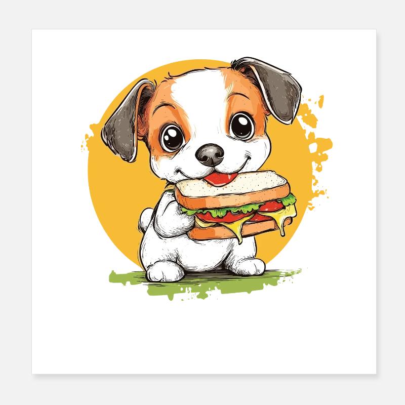 Petit chien dégustant un hamburger Poster 20 x 20 cm