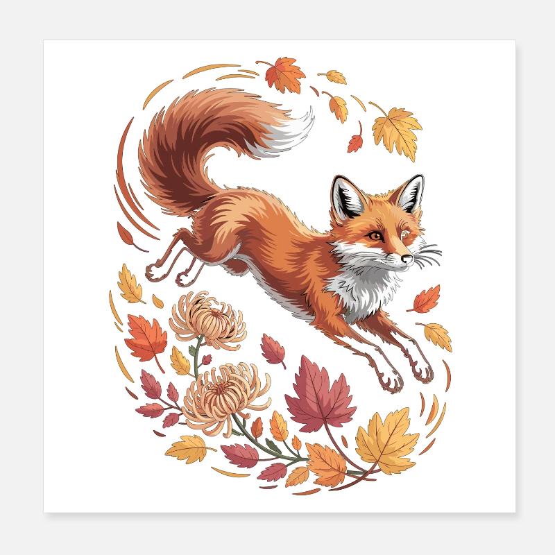 Fox with autumn leaves Poster 8" x 8" (20x20 cm)