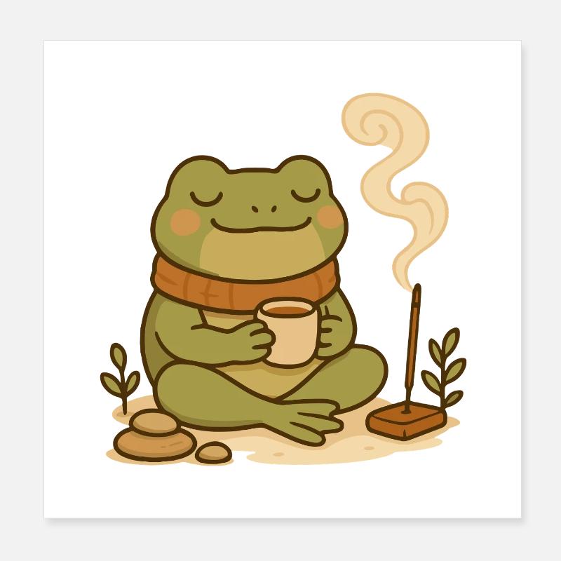 Achtsamer Frosch mit Tee & Räucherstäbchen Poster 20x20 cm