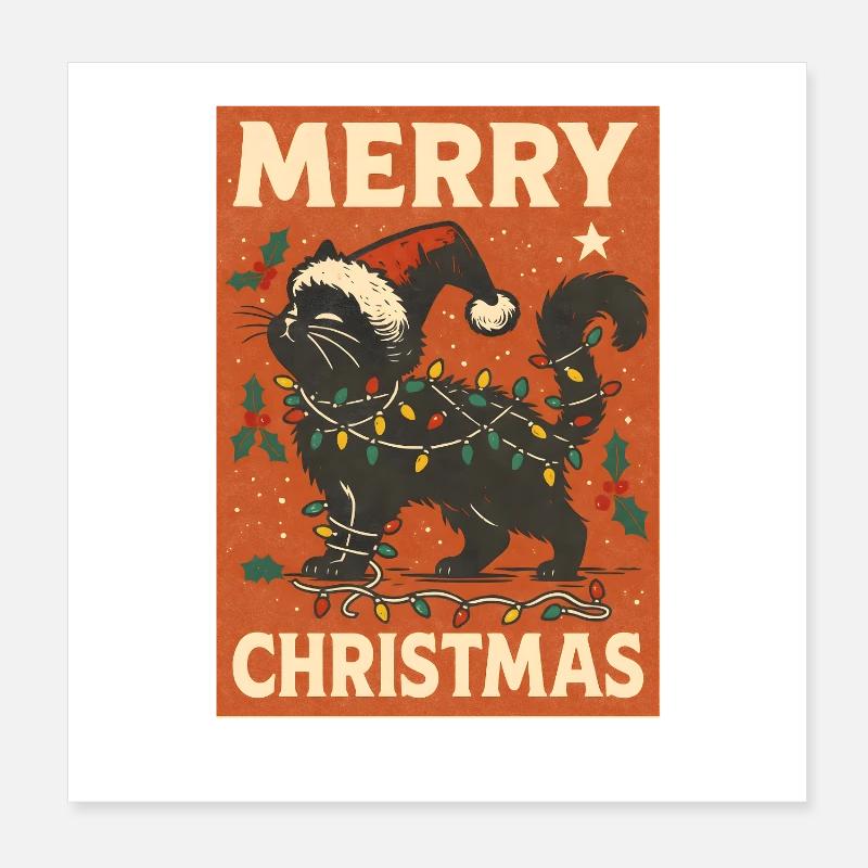 Frohe Weihnachten Katze mit Lichtern Poster 20x20 cm