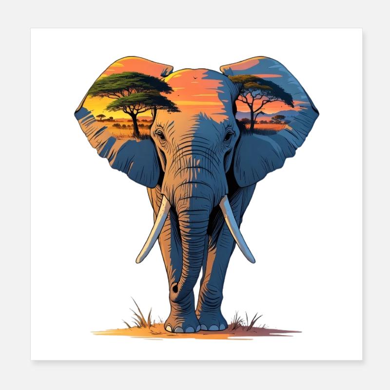 Silhouette d’éléphant au coucher du soleil Poster 20 x 20 cm