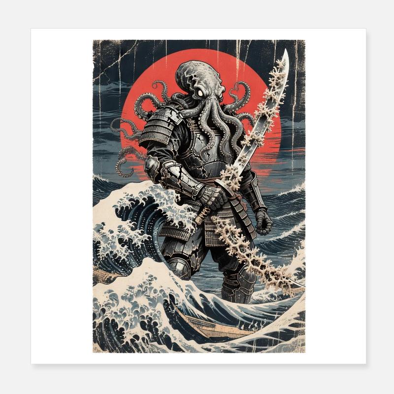 Samurai Oktopus Tentakel Monster Japanisch Ukiyo-e Poster 20x20 cm