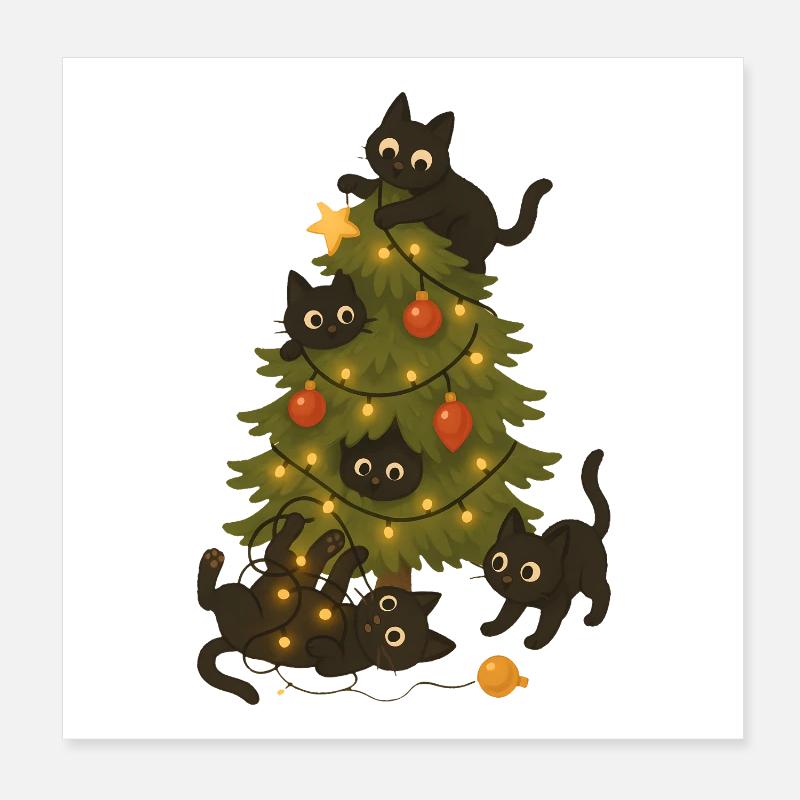 Funny Cats Playing Around Christmas Tree Poster 8" x 8" (20x20 cm)