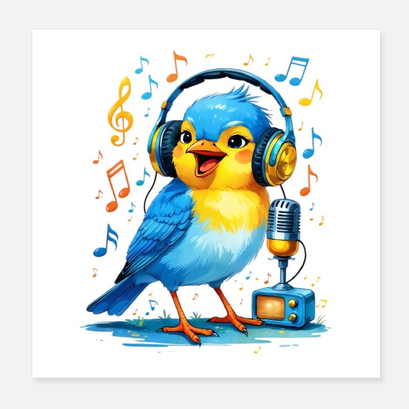 Karaoke Vogel mit Kopfhörern Poster 20x20 cm