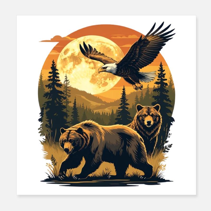 Nuit au clair de lune, ours et aigles de la forêt dans la lumière Poster 20 x 20 cm