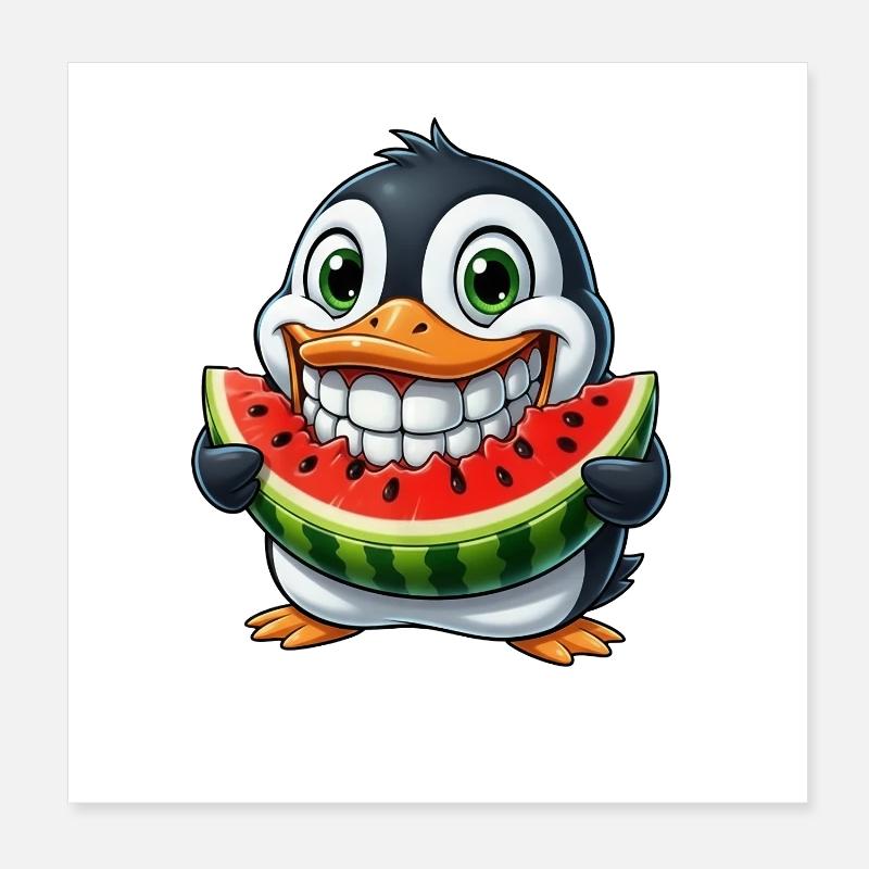 Pingouin joyeux avec pastèque fruit d’été Poster 20 x 20 cm