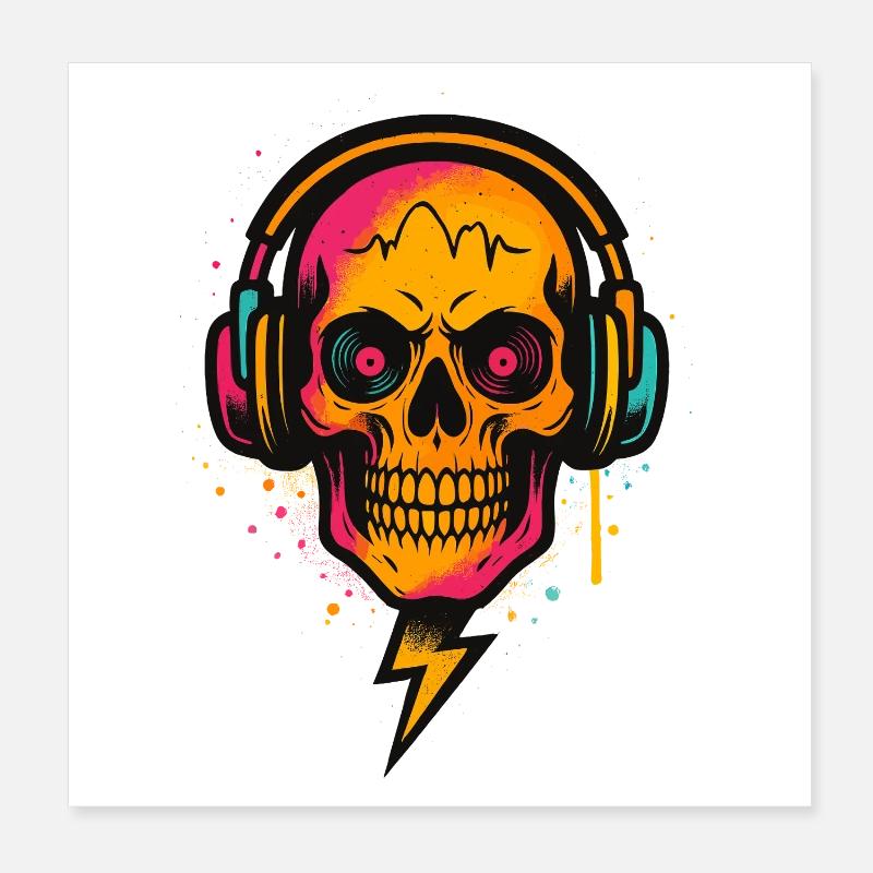 Neon Schädel DJ, Techno Rave, Kopfhörer Kunst Poster 20x20 cm
