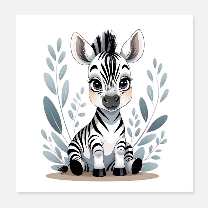 Bébé Zèbre dans un cadre de feuille Poster 20 x 20 cm