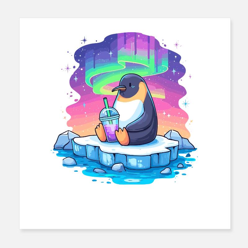 Pinguin am Polarlicht Drink Poster 20x20 cm
