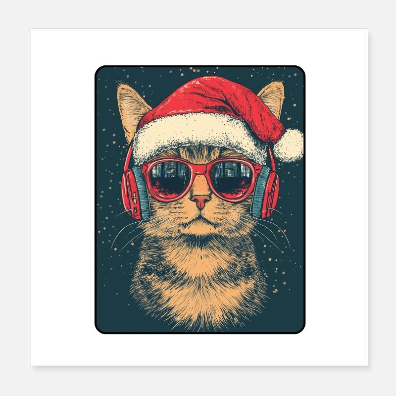 Chat cool avec lunettes de soleil Chapeau de Père Noël Poster 20 x 20 cm
