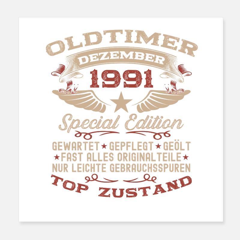 34. Geburtstag Geschenk Oldtimer Dezember 1991 Poster 20x20 cm