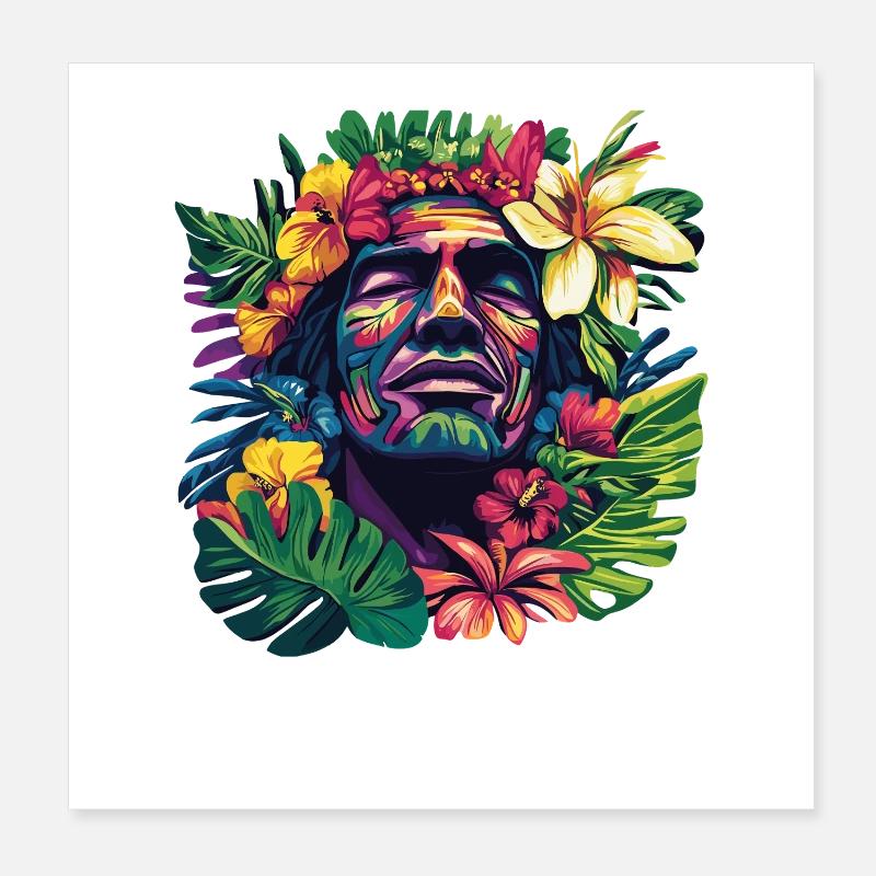 Tropischer Gesichtskopf mit Blumenkranz Poster 20x20 cm