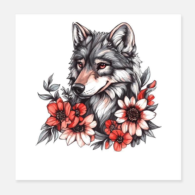 Wolf mit Blütenkranz Poster 20x20 cm