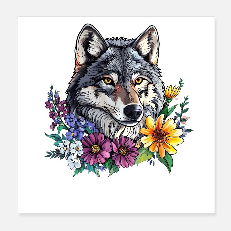 Ami loup dans une couronne de fleurs Poster 20 x 20 cm
