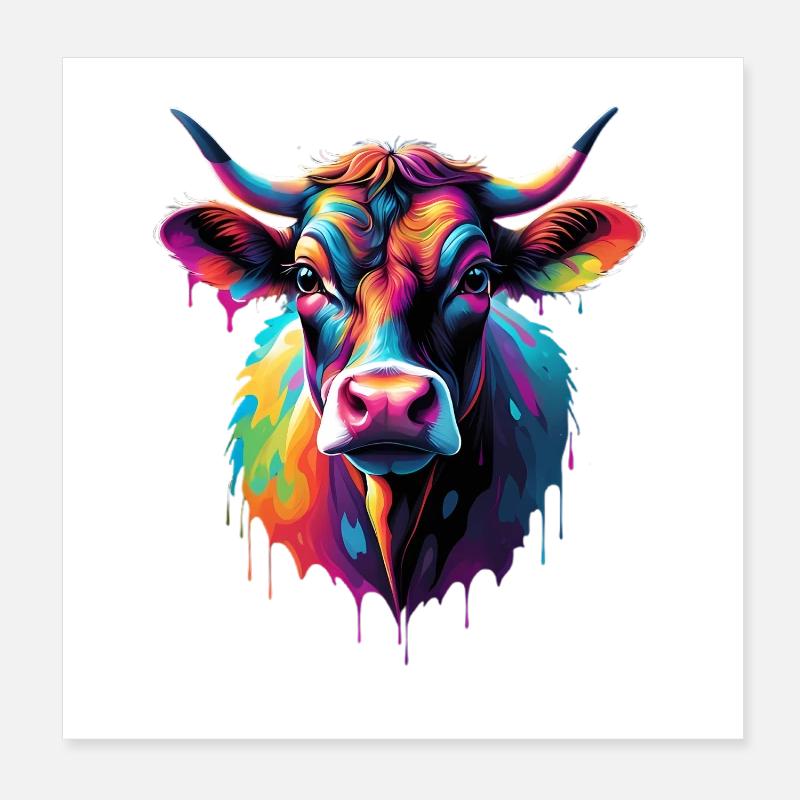 Bunte Kuh Kopf Farbexplosion Poster 20x20 cm
