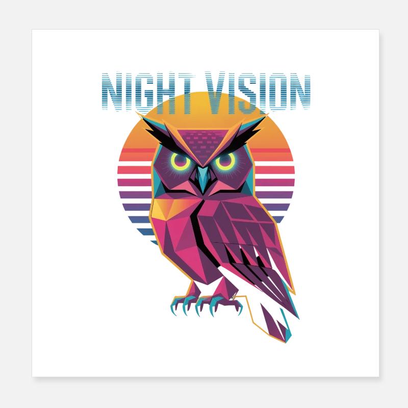 Night Vision Owl Retro Synthwave Sunset Poster 8" x 8" (20x20 cm)