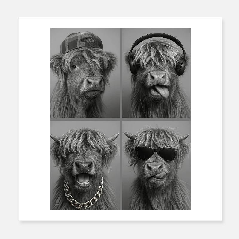 Beef Highland Cow Four Faces Collage Poster 8" x 8" (20x20 cm)