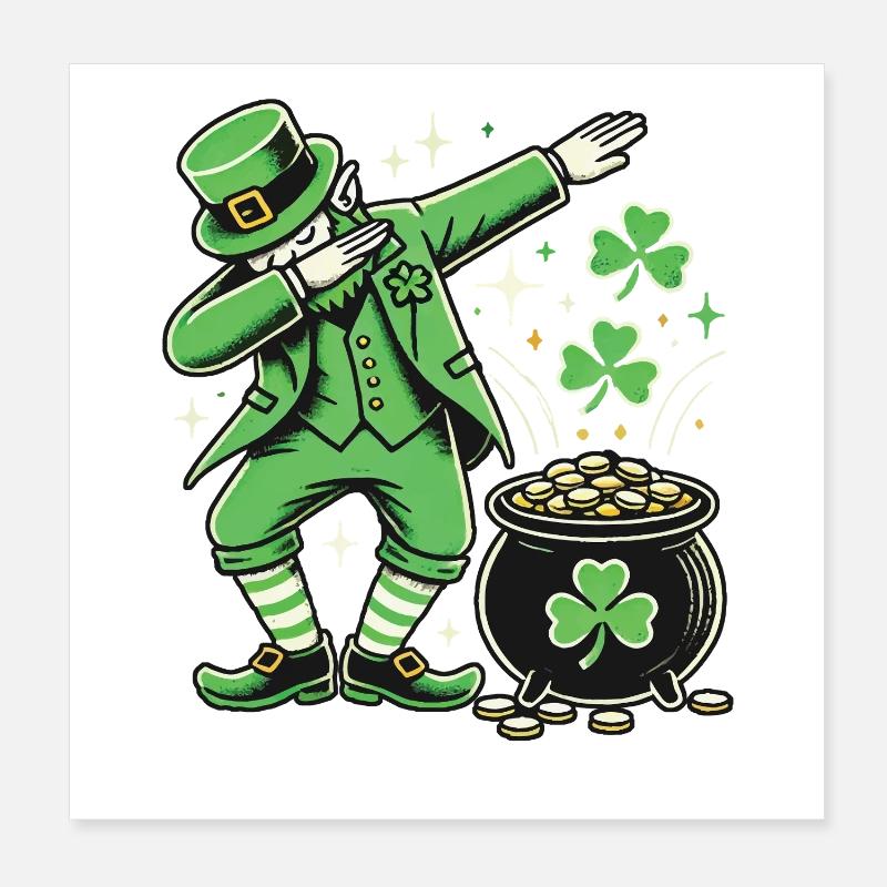 Funny Leprechaun Dabbing Shamrock Gold Coins Poster 8" x 8" (20x20 cm)