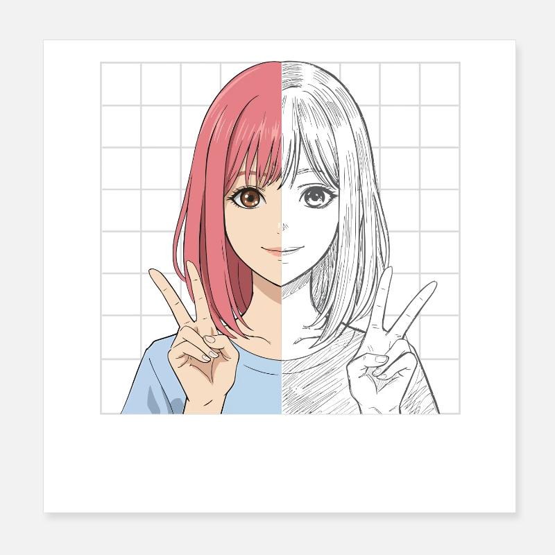 Anime Sketching Half Color Half Line Art Poster 20x20 cm