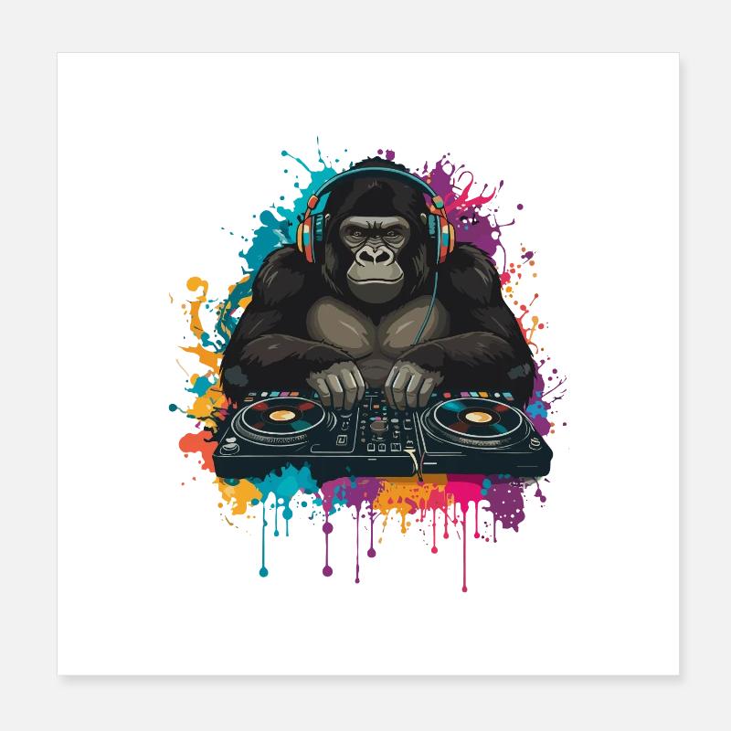Gorilla DJ à la table de mixage Poster 20 x 20 cm