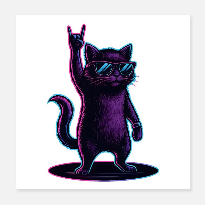 Synthwave Kater Katze mit Rockhand Pose Poster 20x20 cm
