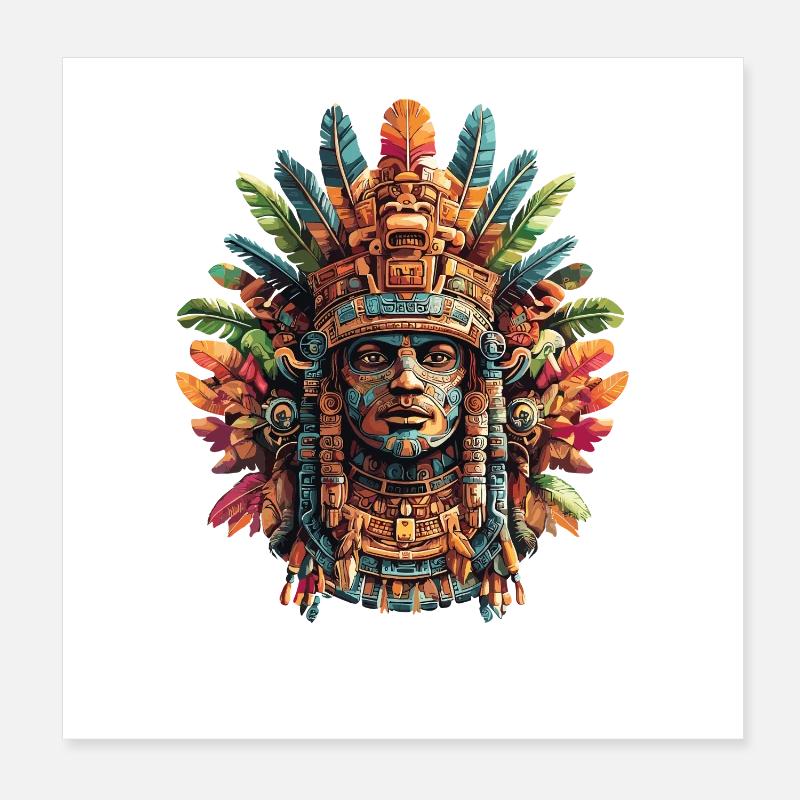 Aztekische Maske mit bunten Federn Poster 20x20 cm
