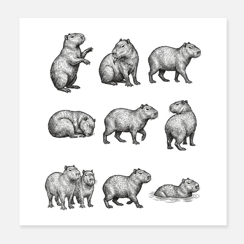 Silhouettes de capybara dans la conception forestière Poster 20 x 20 cm